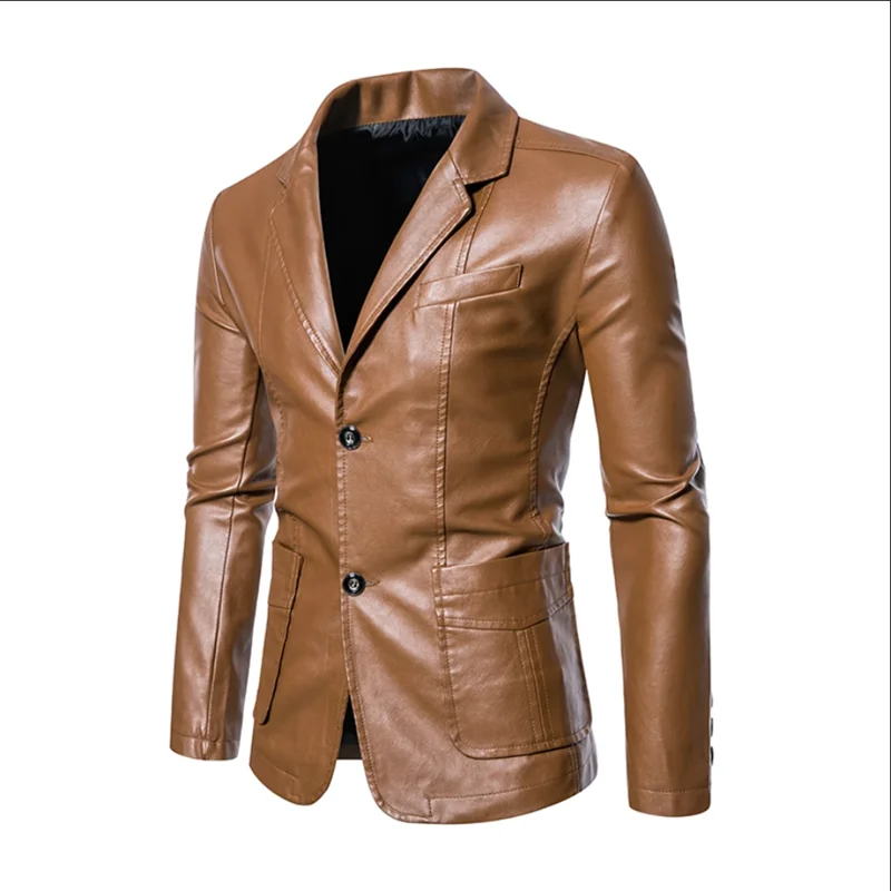 Mens Casual Leather Jacket - 2024 Fashion Slim Fit Coat 5XL BlackKahki - ZOOMNSTORE