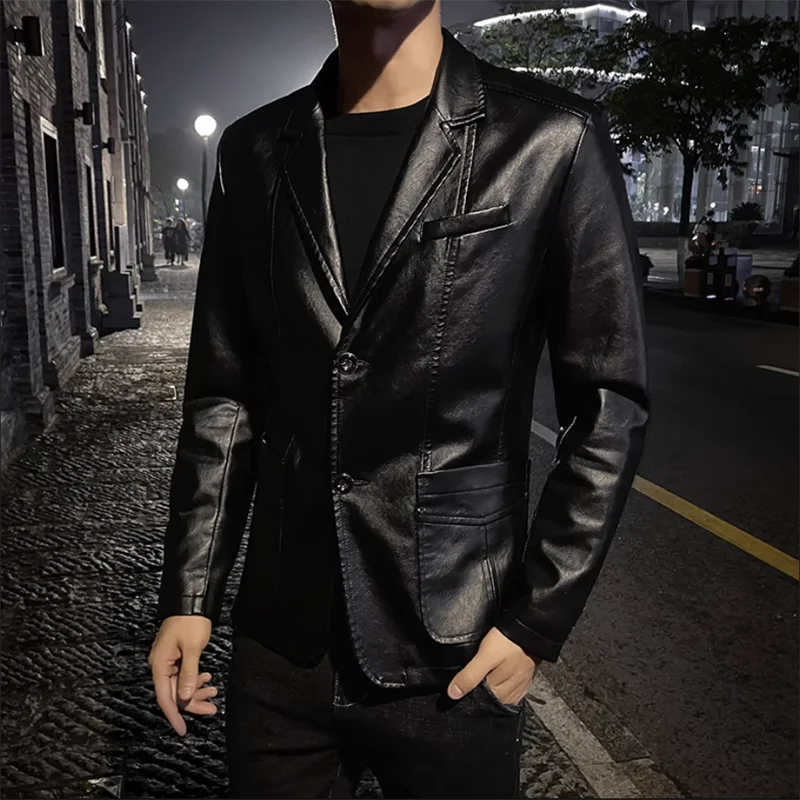 Mens Casual Leather Jacket - 2024 Fashion Slim Fit Coat 5XL BlackKahki - ZOOMNSTORE