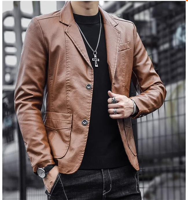 Mens Casual Leather Jacket - 2024 Fashion Slim Fit Coat 5XL BlackKahki - ZOOMNSTORE
