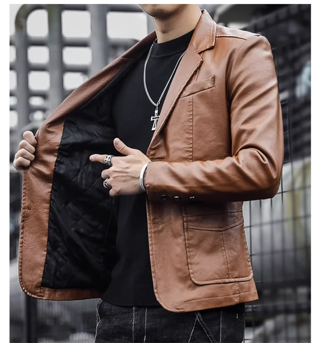 Mens Casual Leather Jacket - 2024 Fashion Slim Fit Coat 5XL BlackKahki - ZOOMNSTORE