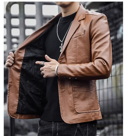 Mens Casual Leather Jacket - 2024 Fashion Slim Fit Coat 5XL BlackKahki - ZOOMNSTORE