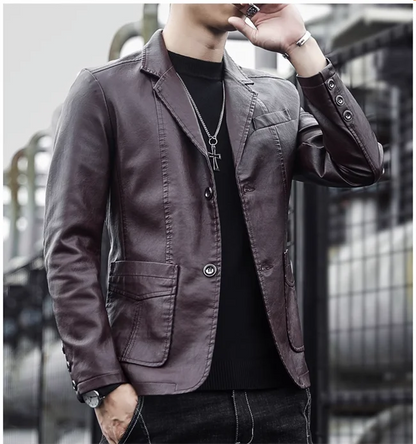 Mens Casual Leather Jacket - 2024 Fashion Slim Fit Coat 5XL BlackKahki - ZOOMNSTORE