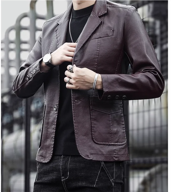 Mens Casual Leather Jacket - 2024 Fashion Slim Fit Coat 5XL BlackKahki - ZOOMNSTORE