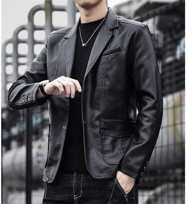 Mens Casual Leather Jacket - 2024 Fashion Slim Fit Coat 5XL BlackKahki - ZOOMNSTORE