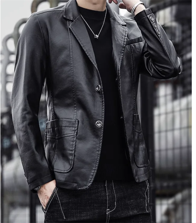 Mens Casual Leather Jacket - 2024 Fashion Slim Fit Coat 5XL BlackKahki - ZOOMNSTORE