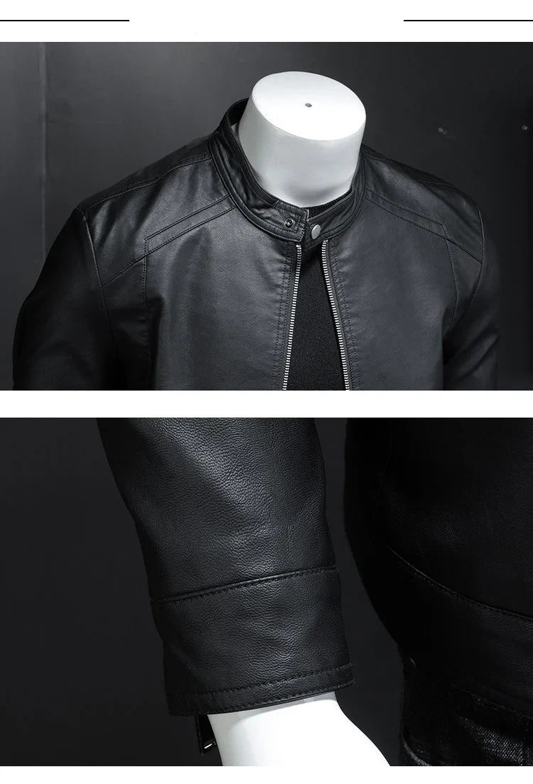 Mens Slim Fit PU Leather Motorcycle Jacket - Spring Autumn Casual Biker Coat - ZOOMNSTORE