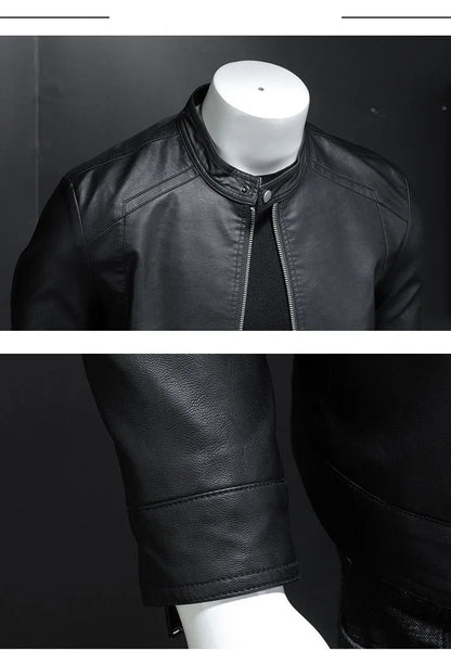 Mens Slim Fit PU Leather Motorcycle Jacket - Spring Autumn Casual Biker Coat - ZOOMNSTORE