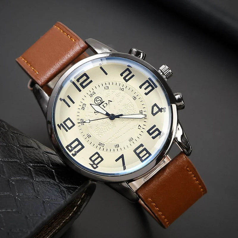Men Leather Quartz Watch - Luxury Business Wristwatch With Round Dial & Pin Buckle Strap - ZOOMNSTORE