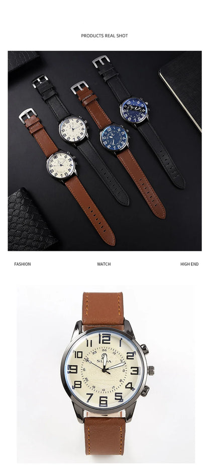 Men Leather Quartz Watch - Luxury Business Wristwatch With Round Dial & Pin Buckle Strap - ZOOMNSTORE