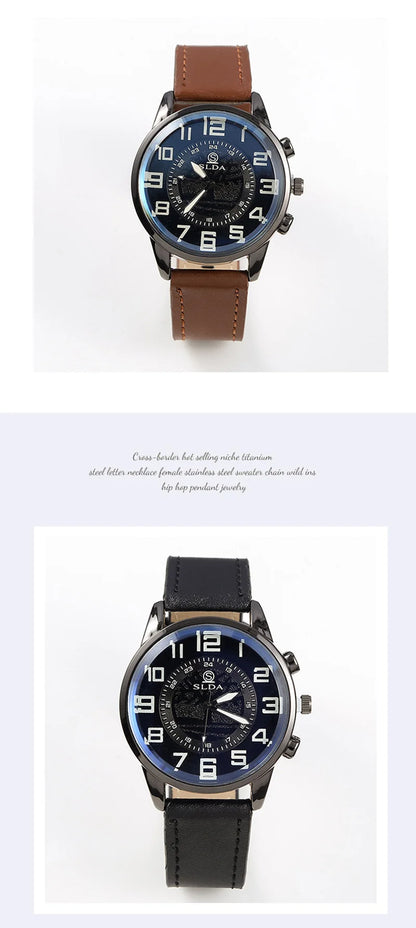 Men Leather Quartz Watch - Luxury Business Wristwatch With Round Dial & Pin Buckle Strap - ZOOMNSTORE