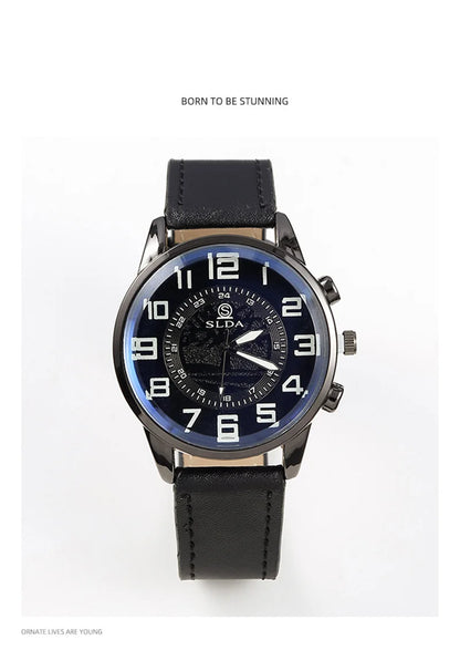 Men Leather Quartz Watch - Luxury Business Wristwatch With Round Dial & Pin Buckle Strap - ZOOMNSTORE