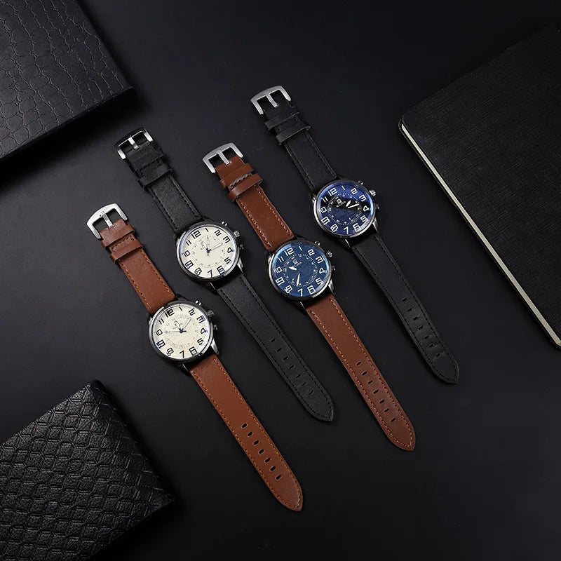 Men Leather Quartz Watch - Luxury Business Wristwatch With Round Dial & Pin Buckle Strap - ZOOMNSTORE