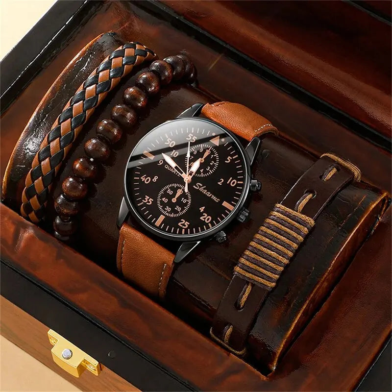 Men Leather Wristwatch - Luxury Brown Bracelet Set With Quartz Movement & Alloy Case - ZOOMNSTORE