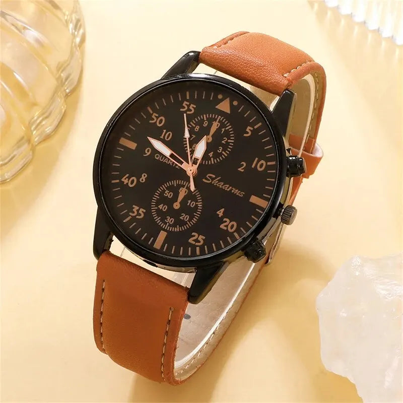 Men Leather Wristwatch - Luxury Brown Bracelet Set With Quartz Movement & Alloy Case - ZOOMNSTORE