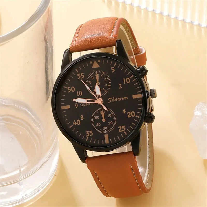 Men Leather Wristwatch - Luxury Brown Bracelet Set With Quartz Movement & Alloy Case - ZOOMNSTORE