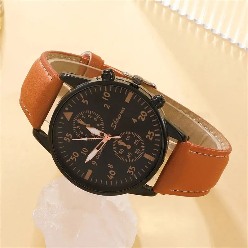 Men Leather Wristwatch - Luxury Brown Bracelet Set With Quartz Movement & Alloy Case - ZOOMNSTORE