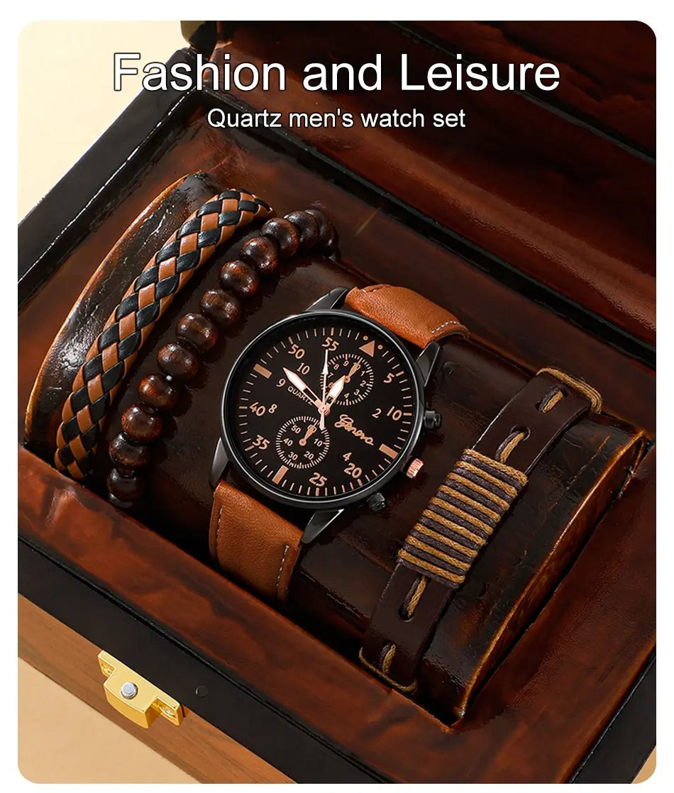 Men Leather Wristwatch - Luxury Brown Bracelet Set With Quartz Movement & Alloy Case - ZOOMNSTORE