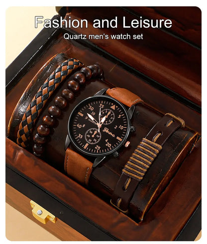 Men Leather Wristwatch - Luxury Brown Bracelet Set With Quartz Movement & Alloy Case - ZOOMNSTORE