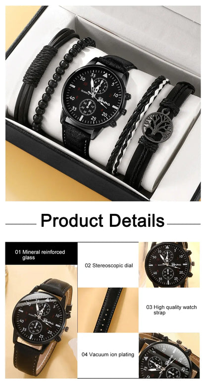 Men Leather Wristwatch - Luxury Brown Bracelet Set With Quartz Movement & Alloy Case - ZOOMNSTORE