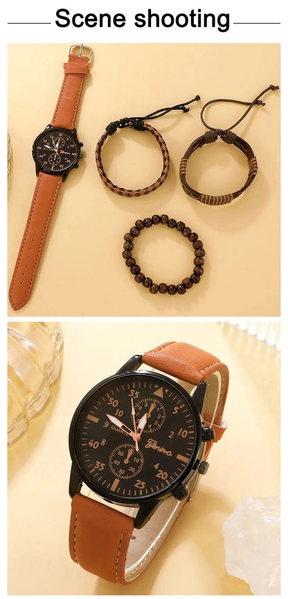 Men Leather Wristwatch - Luxury Brown Bracelet Set With Quartz Movement & Alloy Case - ZOOMNSTORE