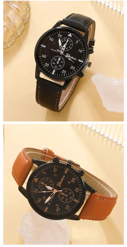 Men Leather Wristwatch - Luxury Brown Bracelet Set With Quartz Movement & Alloy Case - ZOOMNSTORE