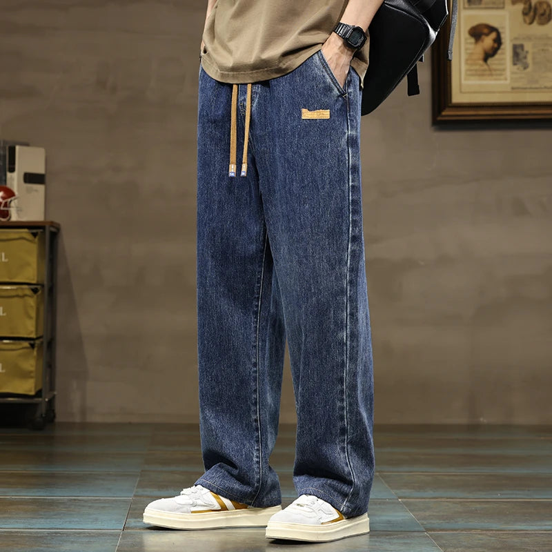 Men Loose Denim Jeans - Straight Leg Blue Gray Baggy Pants With Drawstring Waist - ZOOMNSTORE