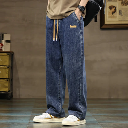 Men Loose Denim Jeans - Straight Leg Blue Gray Baggy Pants With Drawstring Waist - ZOOMNSTORE