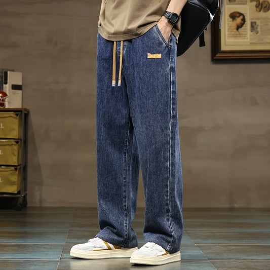 Men Loose Denim Jeans - Straight Leg Blue Gray Baggy Pants With Drawstring Waist - ZOOMNSTORE