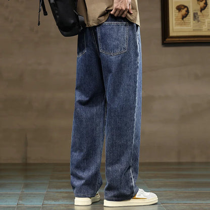 Men Loose Denim Jeans - Straight Leg Blue Gray Baggy Pants With Drawstring Waist - ZOOMNSTORE