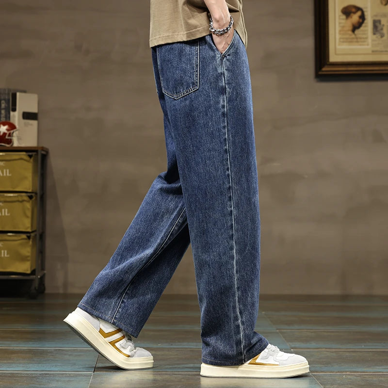 Men Loose Denim Jeans - Straight Leg Blue Gray Baggy Pants With Drawstring Waist - ZOOMNSTORE