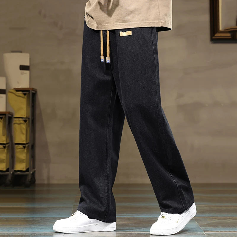 Men Loose Denim Jeans - Straight Leg Blue Gray Baggy Pants With Drawstring Waist - ZOOMNSTORE