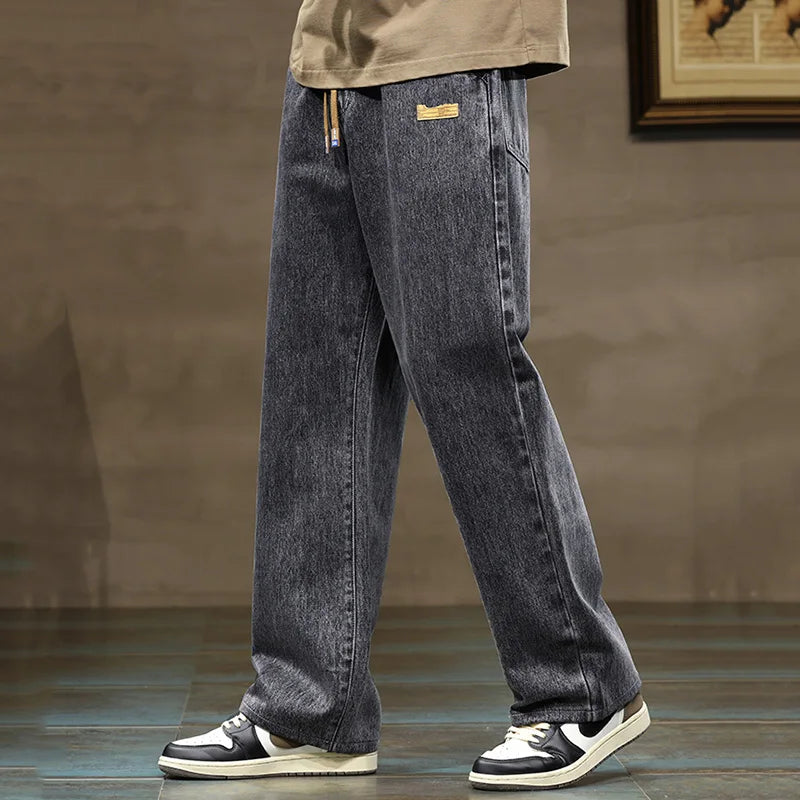 Men Loose Denim Jeans - Straight Leg Blue Gray Baggy Pants With Drawstring Waist - ZOOMNSTORE