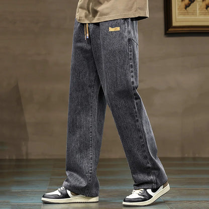 Men Loose Denim Jeans - Straight Leg Blue Gray Baggy Pants With Drawstring Waist - ZOOMNSTORE
