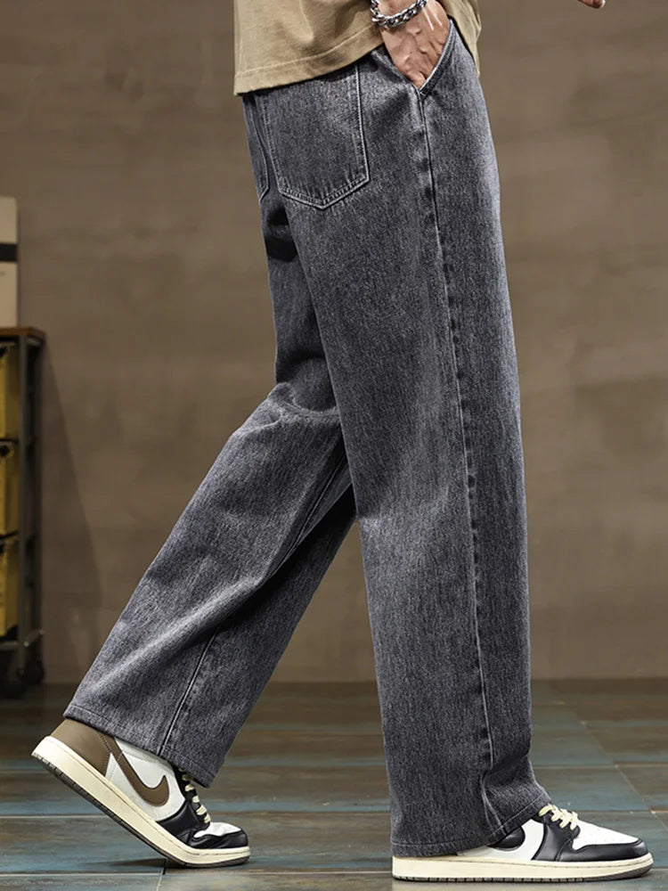 Men Loose Denim Jeans - Straight Leg Blue Gray Baggy Pants With Drawstring Waist - ZOOMNSTORE