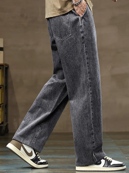 Men Loose Denim Jeans - Straight Leg Blue Gray Baggy Pants With Drawstring Waist - ZOOMNSTORE