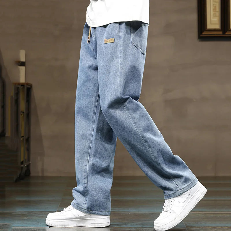 Men Loose Denim Jeans - Straight Leg Blue Gray Baggy Pants With Drawstring Waist - ZOOMNSTORE