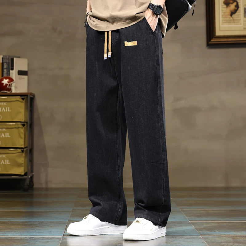 Men Loose Denim Jeans - Straight Leg Blue Gray Baggy Pants With Drawstring Waist - ZOOMNSTORE