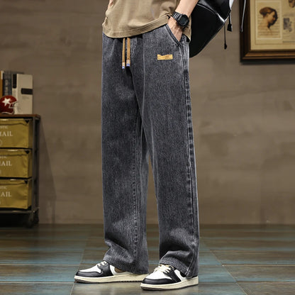 Men Loose Denim Jeans - Straight Leg Blue Gray Baggy Pants With Drawstring Waist - ZOOMNSTORE
