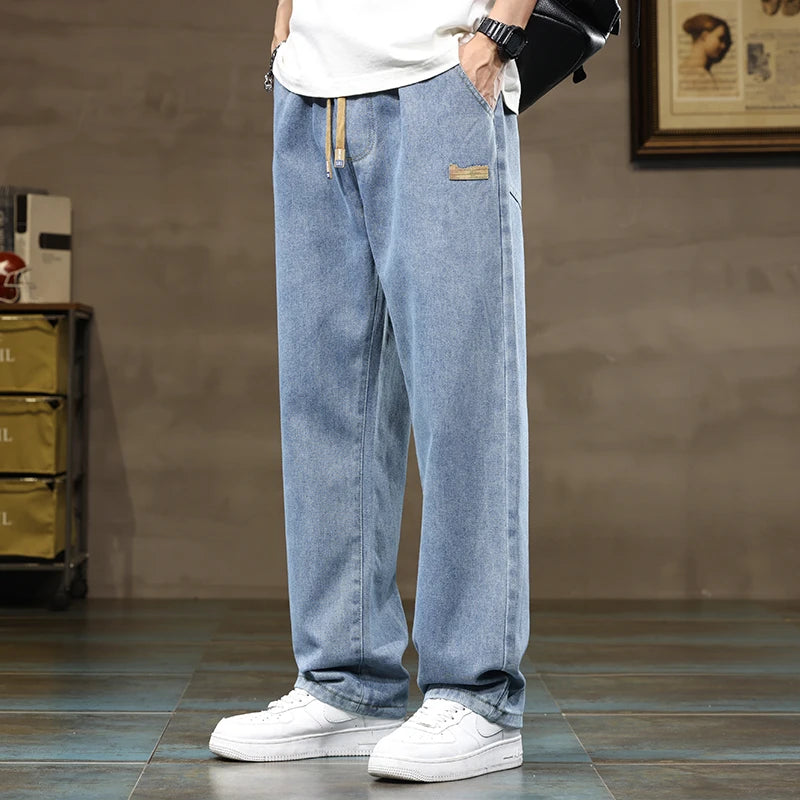 Men Loose Denim Jeans - Straight Leg Blue Gray Baggy Pants With Drawstring Waist - ZOOMNSTORE