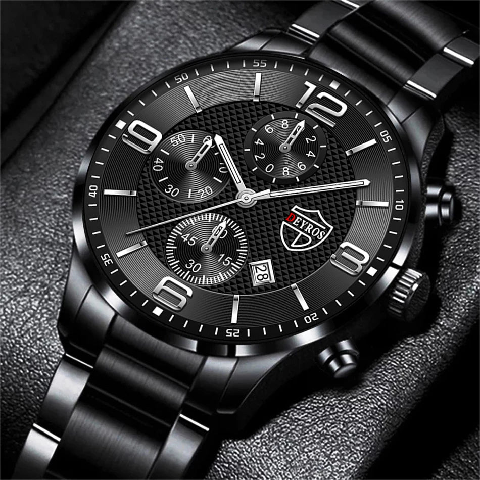 Luxury Mens Quartz Watch - Stainless Steel  Leather Luminous Calendar Clock - ZOOMNSTORE