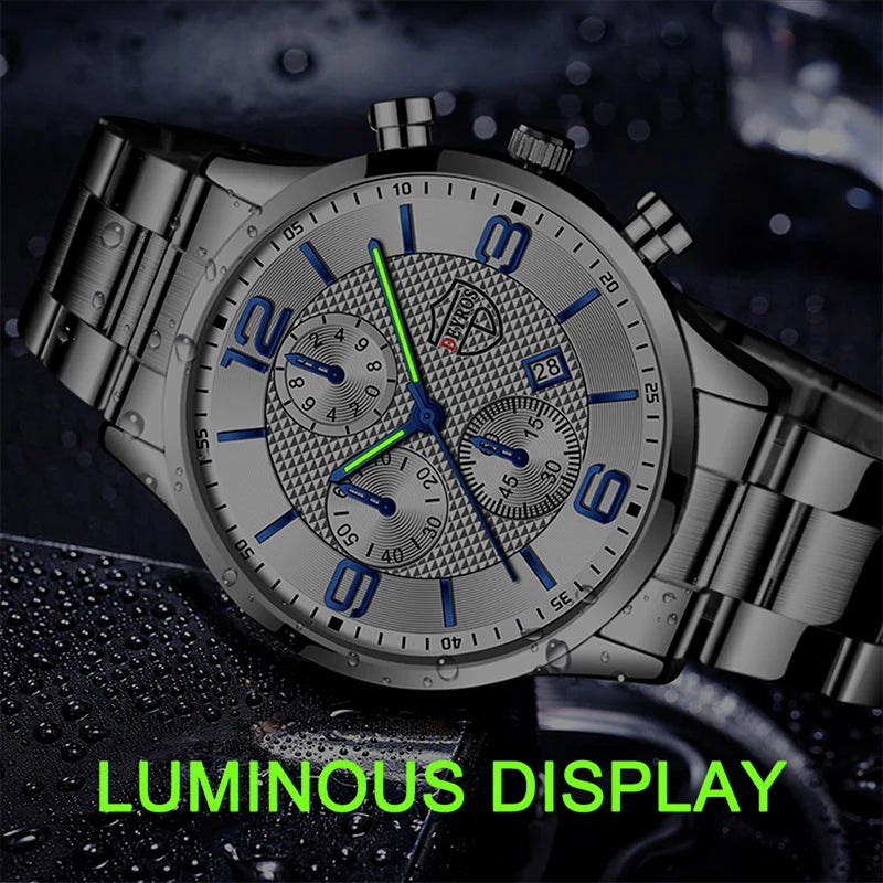 Luxury Mens Quartz Watch - Stainless Steel  Leather Luminous Calendar Clock - ZOOMNSTORE