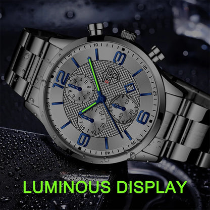 Luxury Mens Quartz Watch - Stainless Steel  Leather Luminous Calendar Clock - ZOOMNSTORE