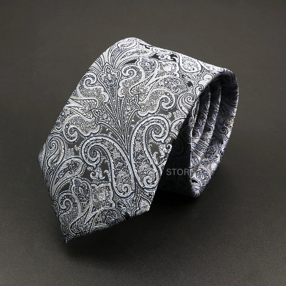 Mens Paisley Necktie - Grey Brown Green Wedding  Business Tie - ZOOMNSTORE
