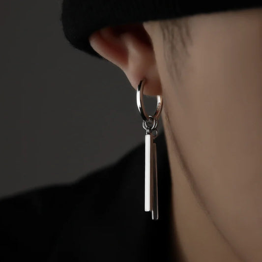 Trendy Men Earrings Minimalist Long Strip Double Stick 925 Sterling Silver Ear Buckle Male Cool Personality Dropping Earrings - ZOOMNSTORE