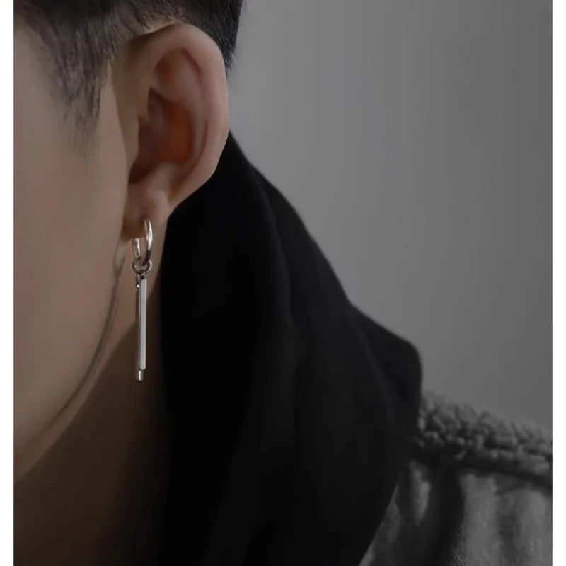Trendy Men Earrings Minimalist Long Strip Double Stick 925 Sterling Silver Ear Buckle Male Cool Personality Dropping Earrings - ZOOMNSTORE