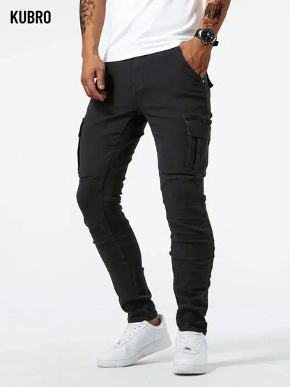 Mens Slim Fit Denim Cargo Pants - Casual Multi-Pocket Joggers - ZOOMNSTORE