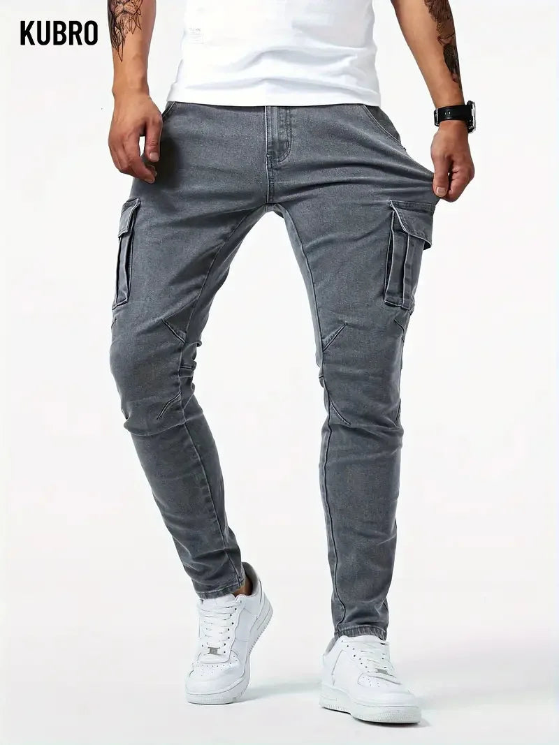 Mens Slim Fit Denim Cargo Pants - Casual Multi-Pocket Joggers - ZOOMNSTORE