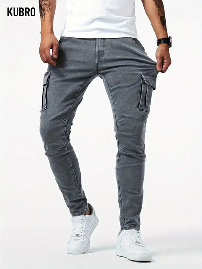 Mens Slim Fit Denim Cargo Pants - Casual Multi-Pocket Joggers - ZOOMNSTORE