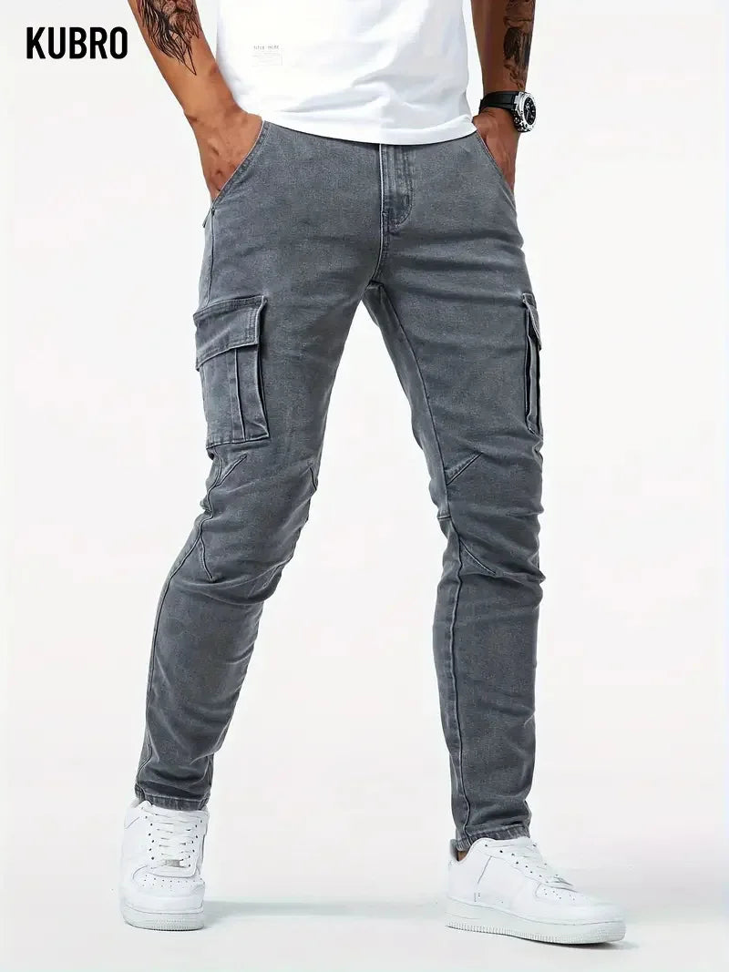 Mens Slim Fit Denim Cargo Pants - Casual Multi-Pocket Joggers - ZOOMNSTORE