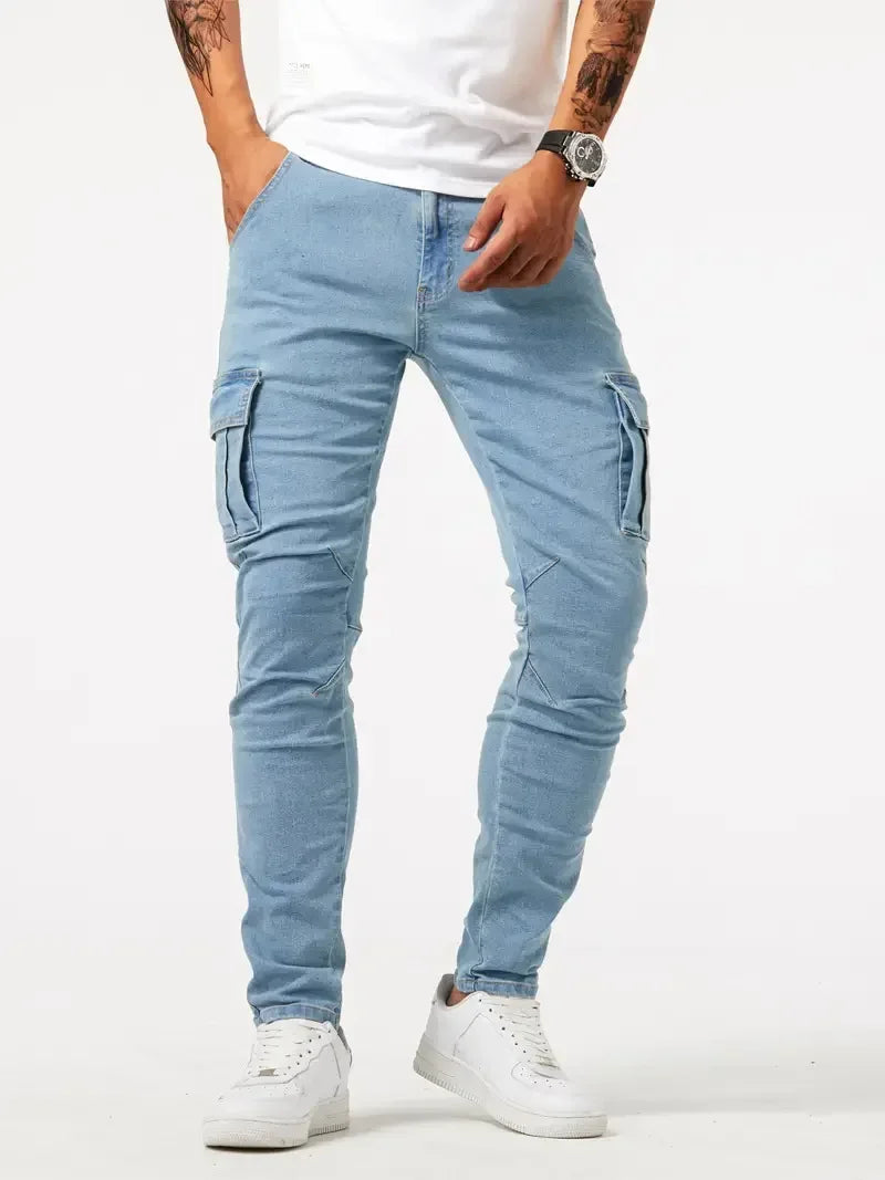 Mens Slim Fit Denim Cargo Pants - Casual Multi-Pocket Joggers - ZOOMNSTORE